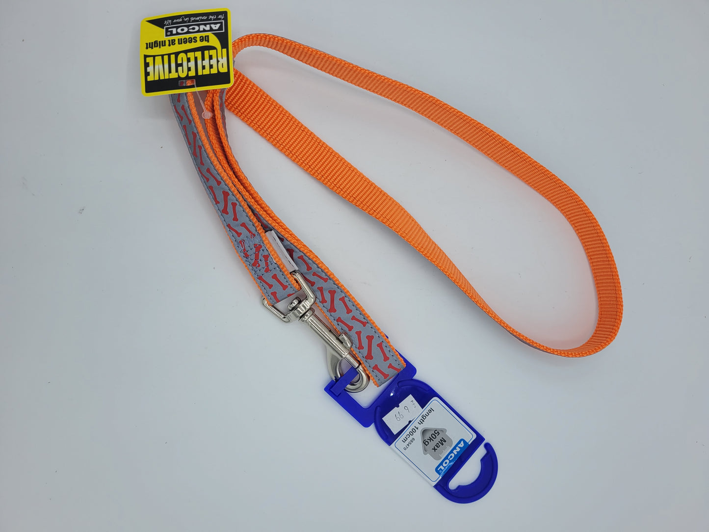 Orange reflective lead with bone design.